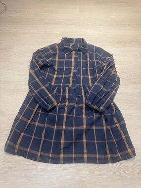 SHEIN Navy and Brown Plaid Button-Front Long-Sleeve Dress